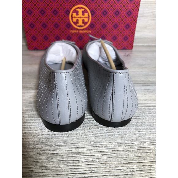 TORY BURCH Cap Toe Quilted Ballet Flat Bay Gray Leather Shoes Sz 10 BRAND NEW - Picture 4 of 10